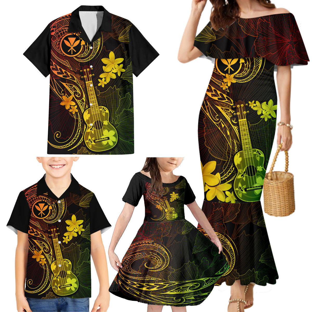 Hawaii Family Matching Mermaid Dress and Hawaiian Shirt Ukulele Mix Polynesian Plumeria Reggae Version - Wonder Print Shop