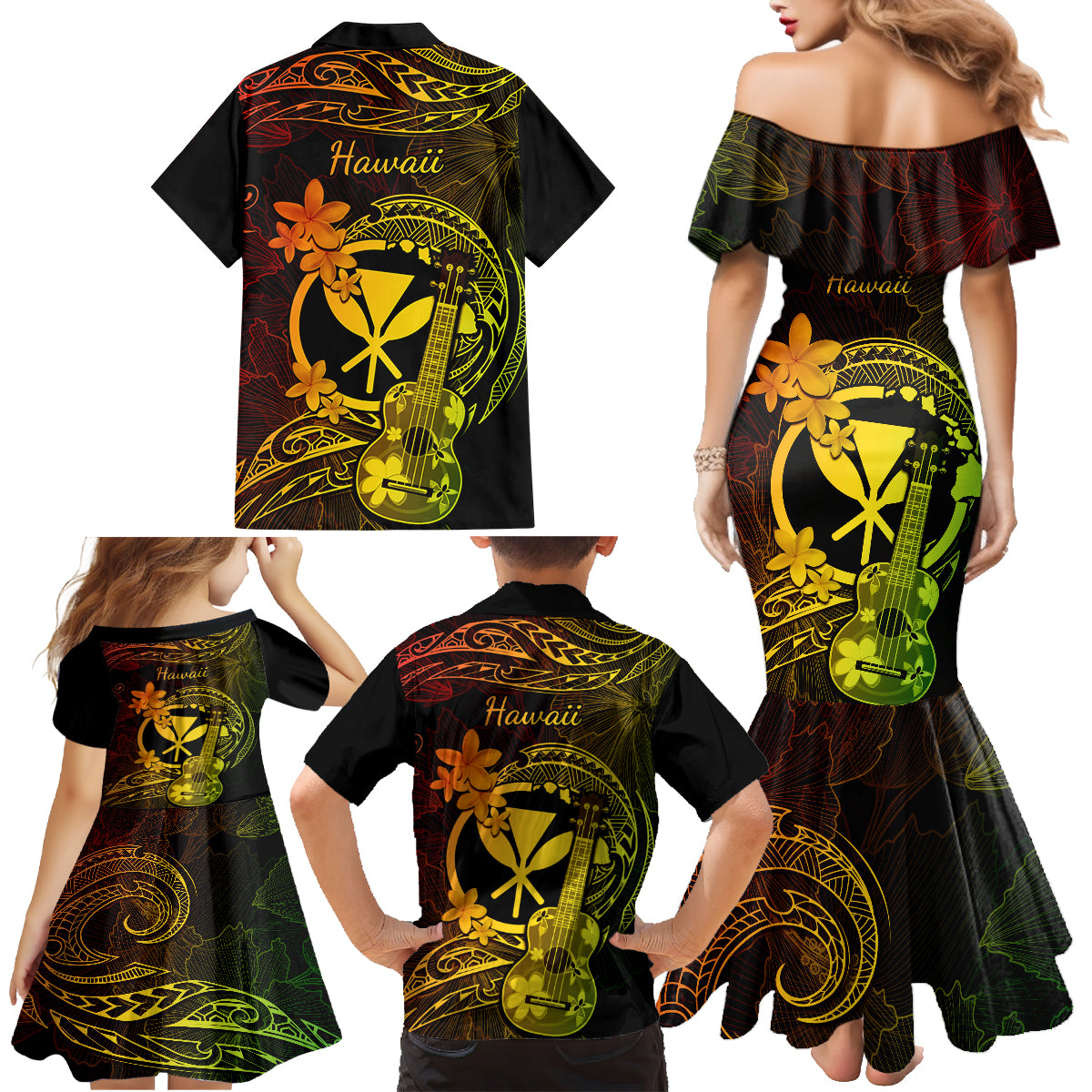 Hawaii Family Matching Mermaid Dress and Hawaiian Shirt Ukulele Mix Polynesian Plumeria Reggae Version - Wonder Print Shop