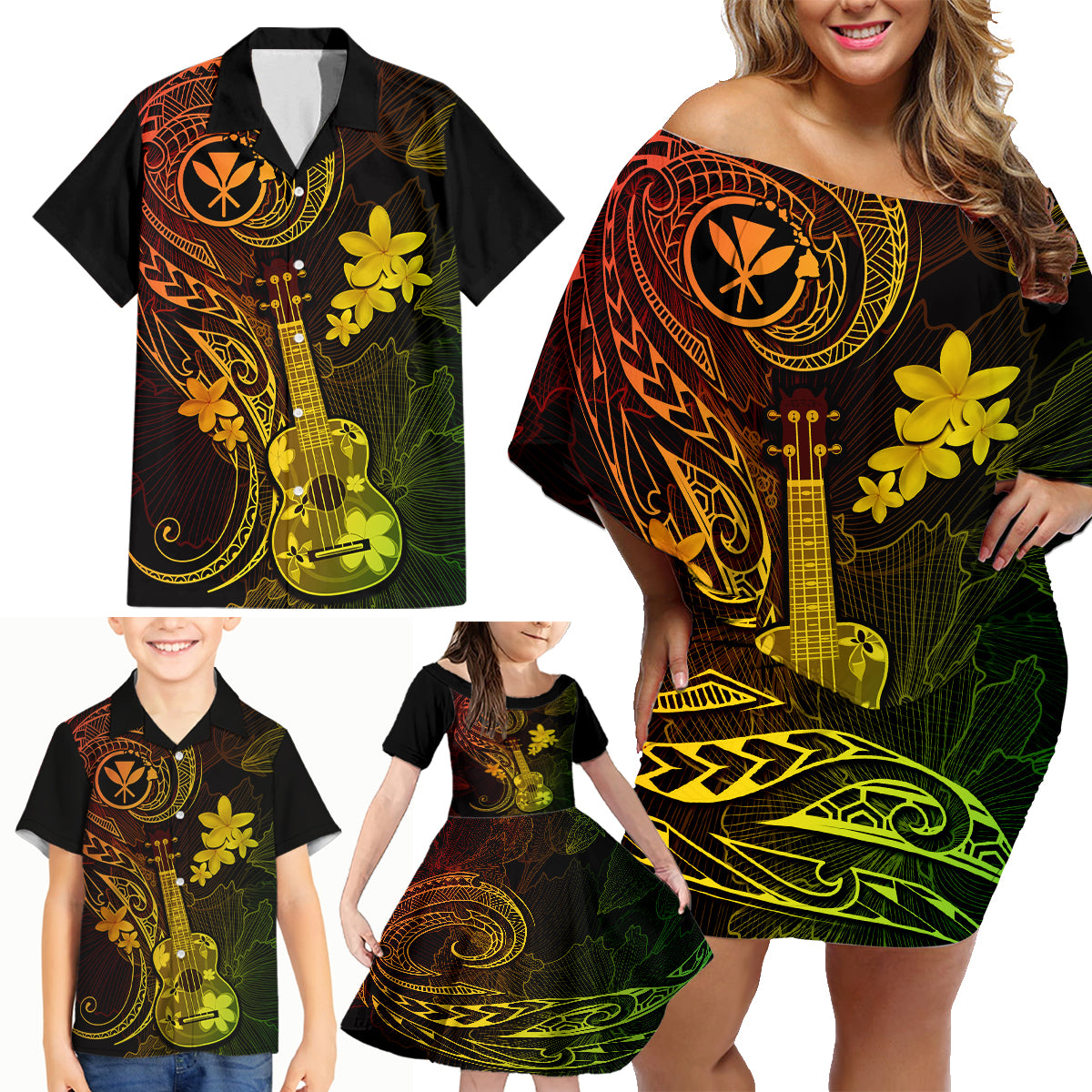 Hawaii Family Matching Off Shoulder Short Dress and Hawaiian Shirt Ukulele Mix Polynesian Plumeria Reggae Version - Wonder Print Shop