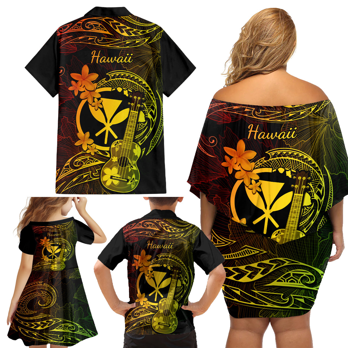 Hawaii Family Matching Off Shoulder Short Dress and Hawaiian Shirt Ukulele Mix Polynesian Plumeria Reggae Version - Wonder Print Shop