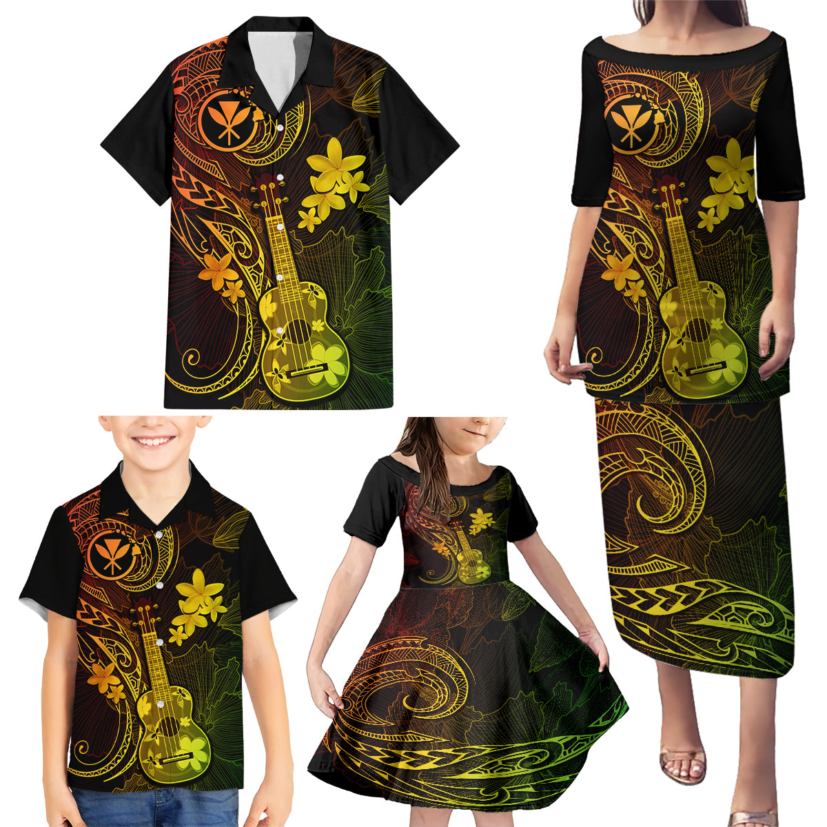 Hawaii Family Matching Puletasi Dress and Hawaiian Shirt Ukulele Mix Polynesian Plumeria Reggae Version - Wonder Print Shop