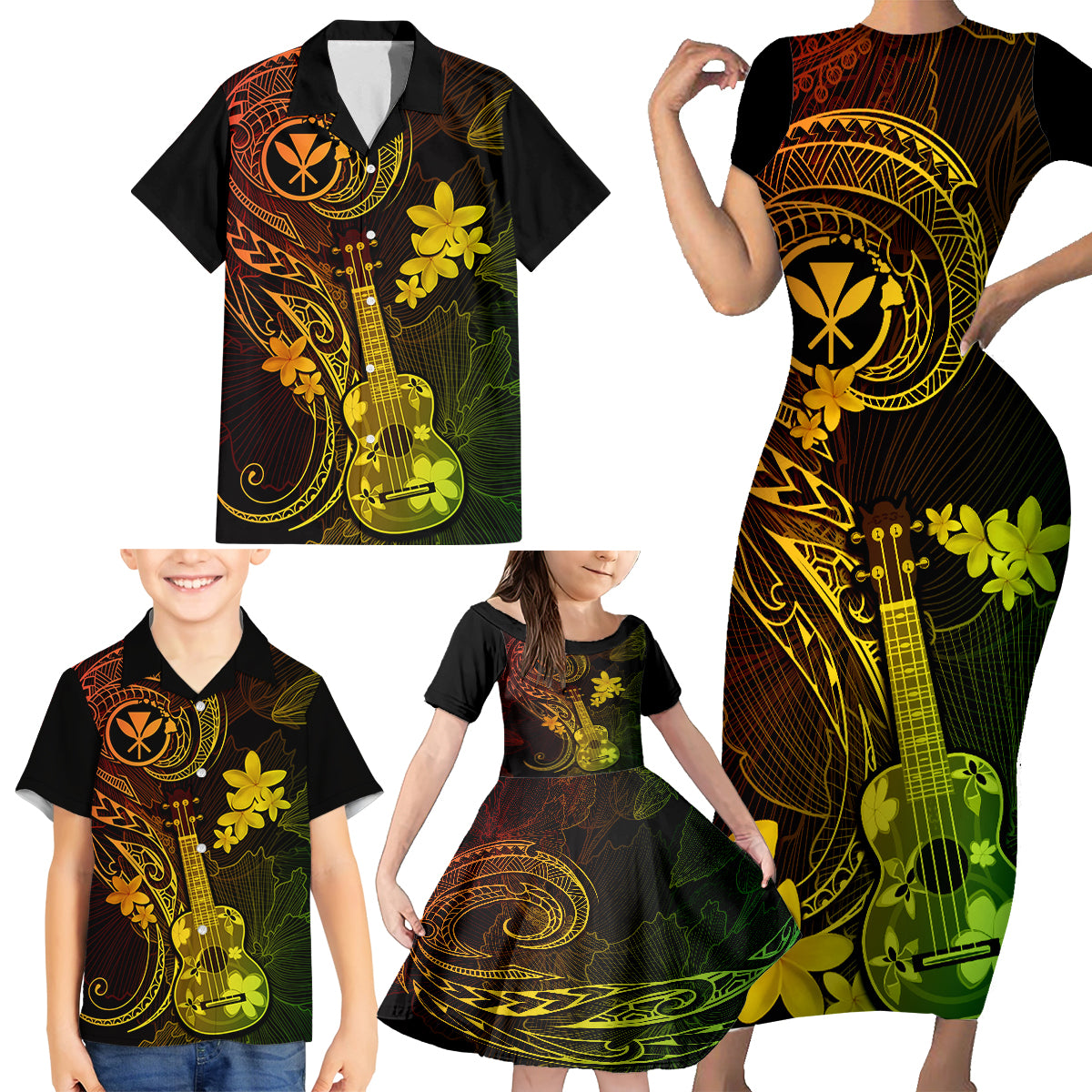 Hawaii Family Matching Short Sleeve Bodycon Dress and Hawaiian Shirt Ukulele Mix Polynesian Plumeria Reggae Version - Wonder Print Shop
