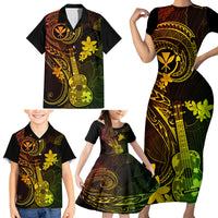 Hawaii Family Matching Short Sleeve Bodycon Dress and Hawaiian Shirt Ukulele Mix Polynesian Plumeria Reggae Version - Wonder Print Shop