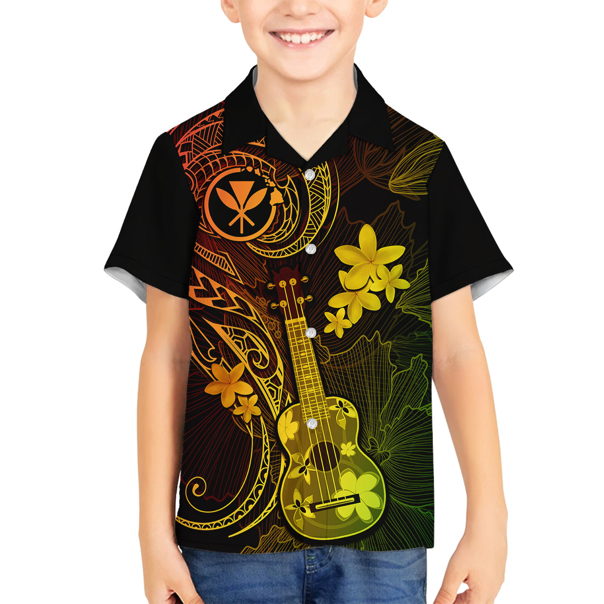 Hawaii Family Matching Short Sleeve Bodycon Dress and Hawaiian Shirt Ukulele Mix Polynesian Plumeria Reggae Version - Wonder Print Shop