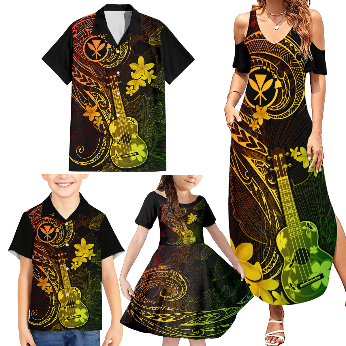 Hawaii Family Matching Summer Maxi Dress and Hawaiian Shirt Ukulele Mix Polynesian Plumeria Reggae Version - Wonder Print Shop