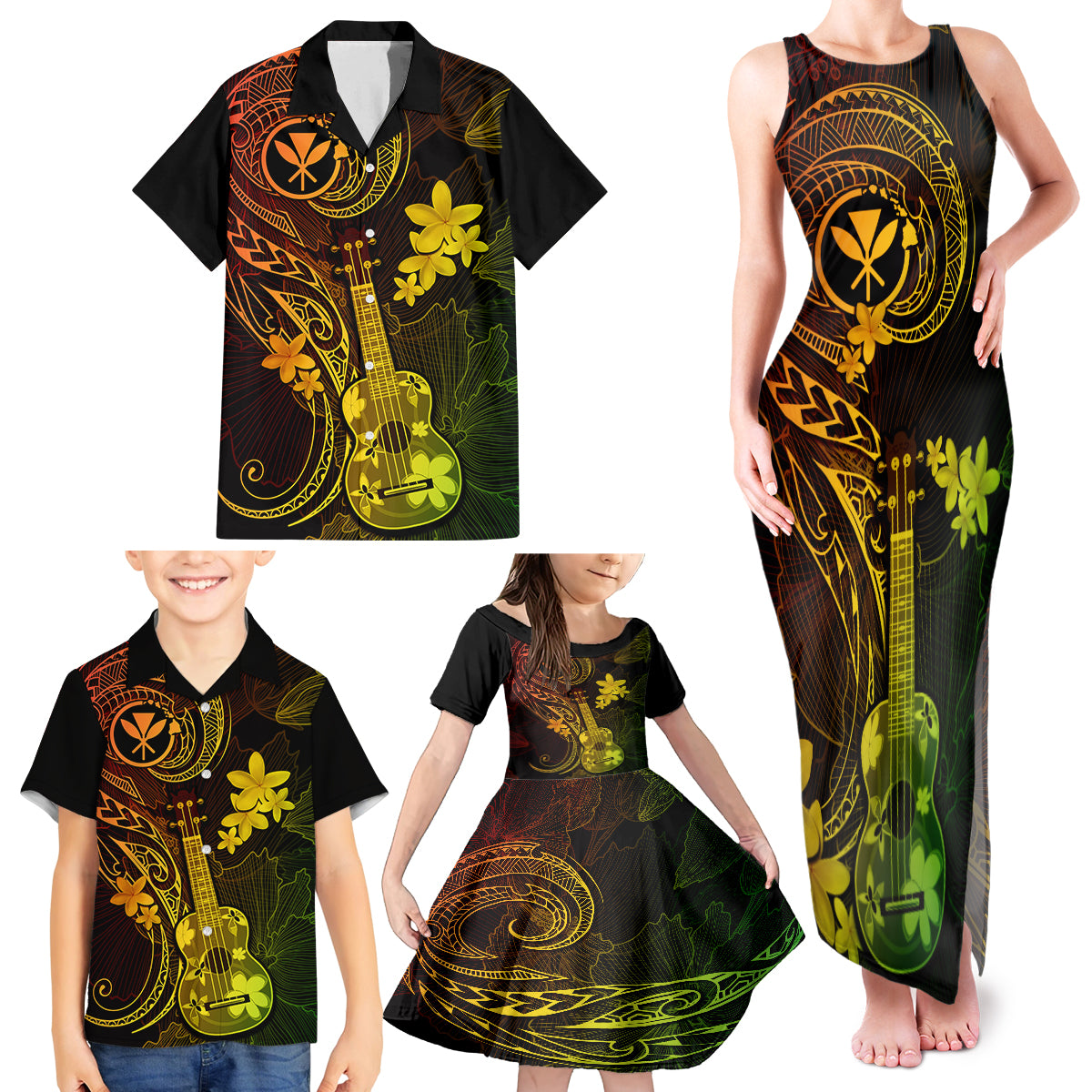 Hawaii Family Matching Tank Maxi Dress and Hawaiian Shirt Ukulele Mix Polynesian Plumeria Reggae Version - Wonder Print Shop