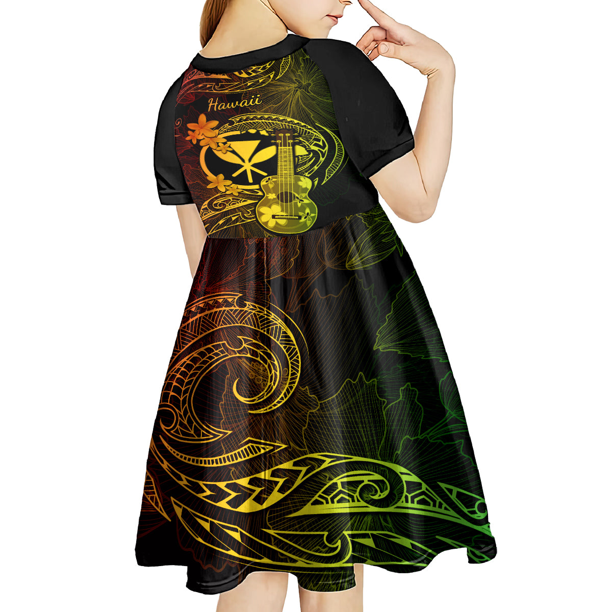 Hawaii Kid Short Sleeve Dress Ukulele Mix Polynesian Plumeria Reggae Version - Wonder Print Shop