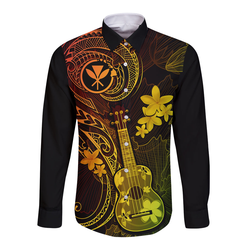 Hawaii Long Sleeve Button Shirt Ukulele Mix Polynesian Plumeria Reggae Version - Wonder Print Shop