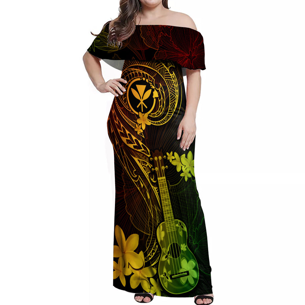 Hawaii Off Shoulder Maxi Dress Ukulele Mix Polynesian Plumeria Reggae Version - Wonder Print Shop