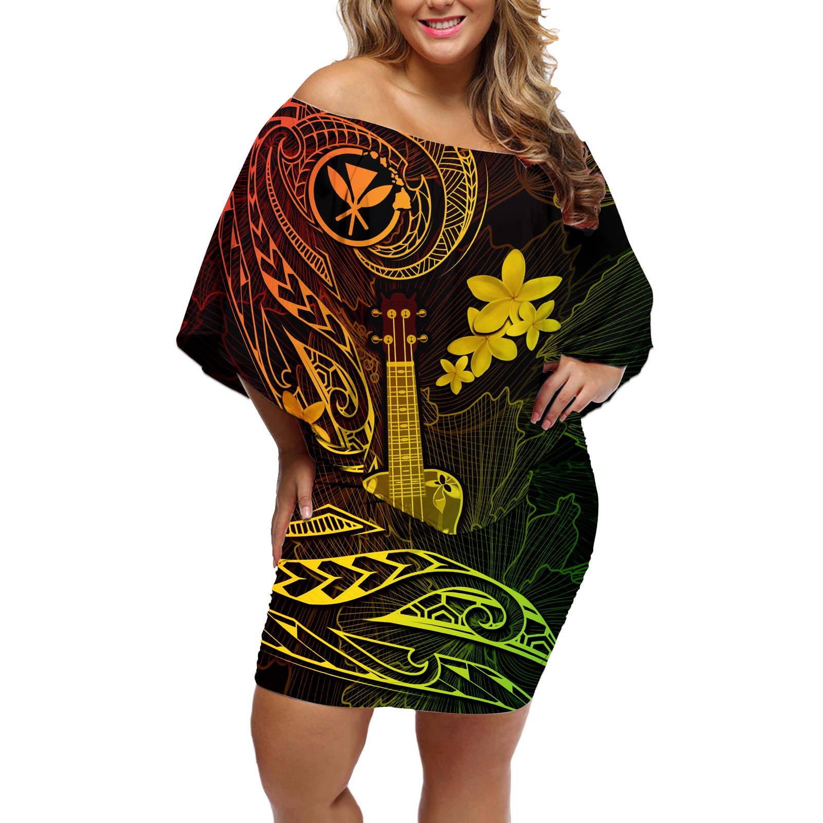 Hawaii Off Shoulder Short Dress Ukulele Mix Polynesian Plumeria Reggae Version - Wonder Print Shop