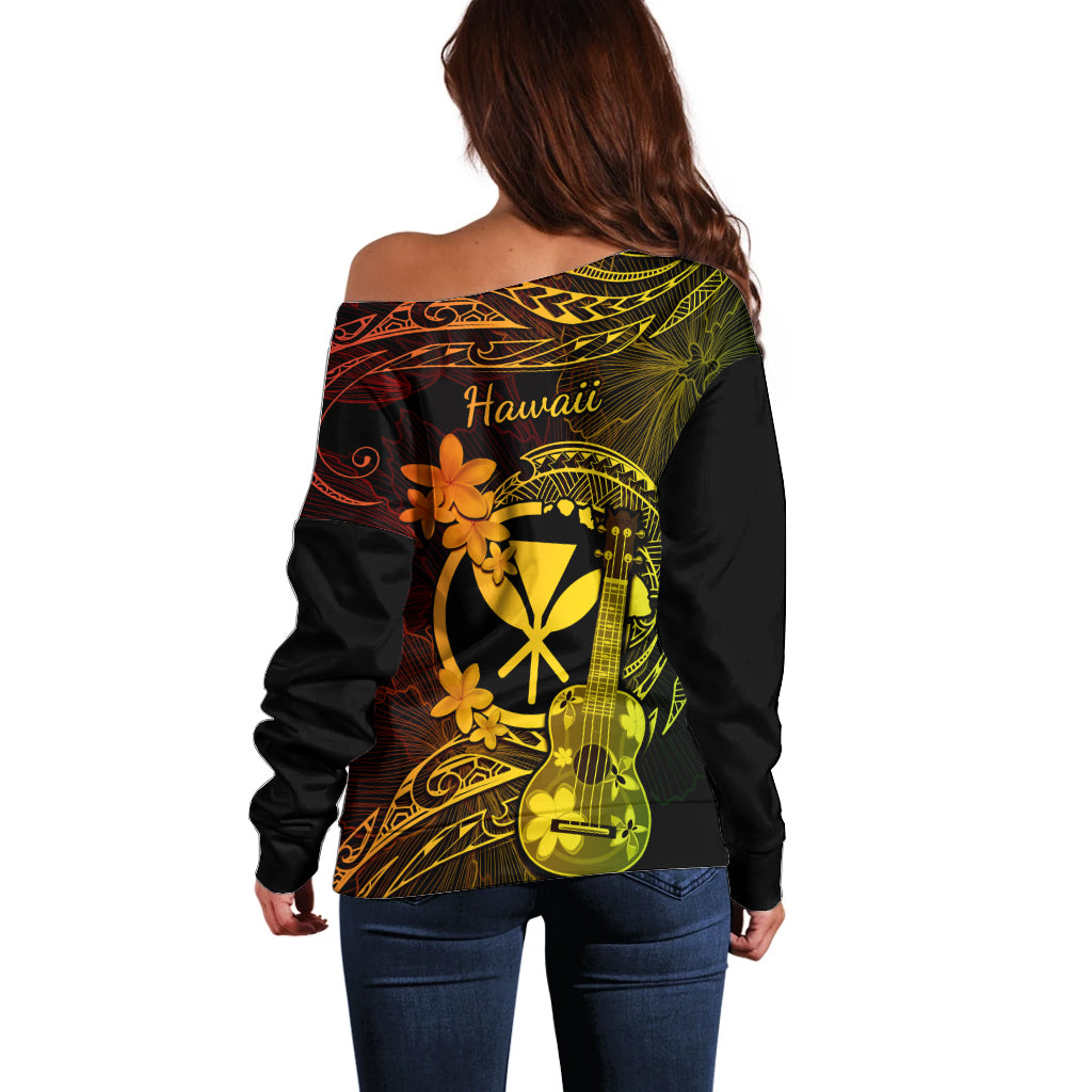 Hawaii Off Shoulder Sweater Ukulele Mix Polynesian Plumeria Reggae Version - Wonder Print Shop