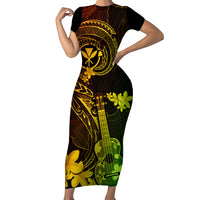 Hawaii Short Sleeve Bodycon Dress Ukulele Mix Polynesian Plumeria Reggae Version - Wonder Print Shop