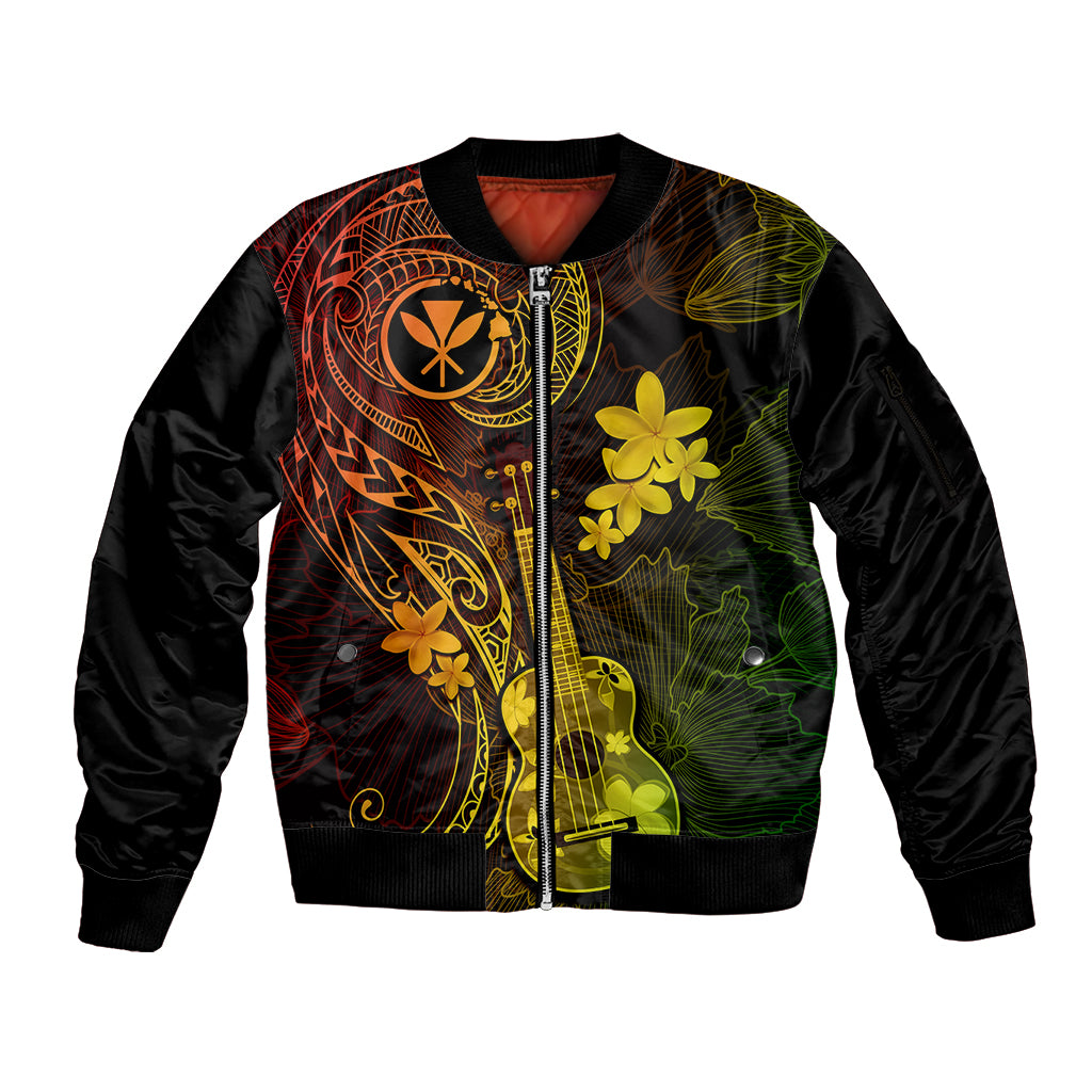 Hawaii Sleeve Zip Bomber Jacket Ukulele Mix Polynesian Plumeria Reggae Version - Wonder Print Shop