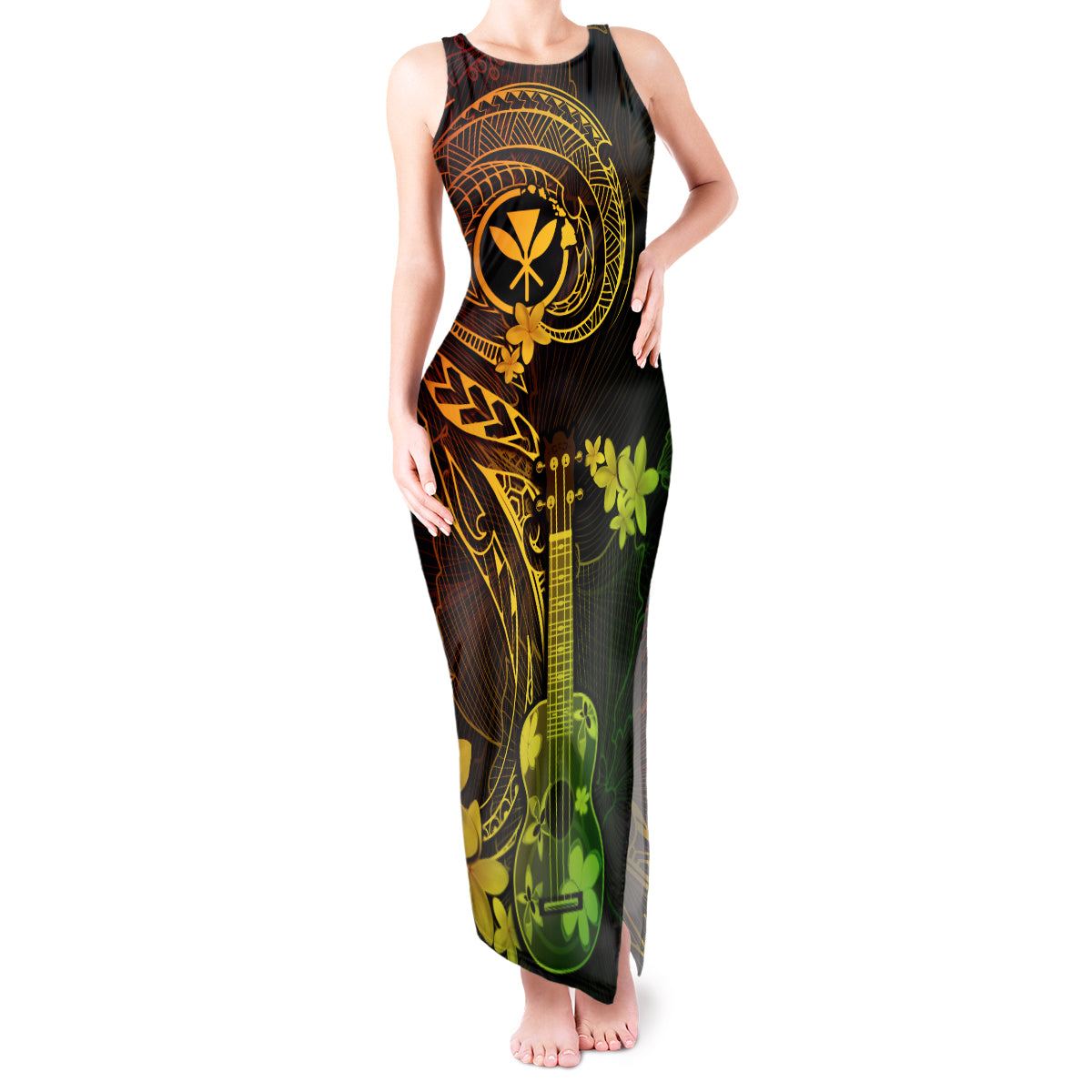 Hawaii Tank Maxi Dress Ukulele Mix Polynesian Plumeria Reggae Version - Wonder Print Shop