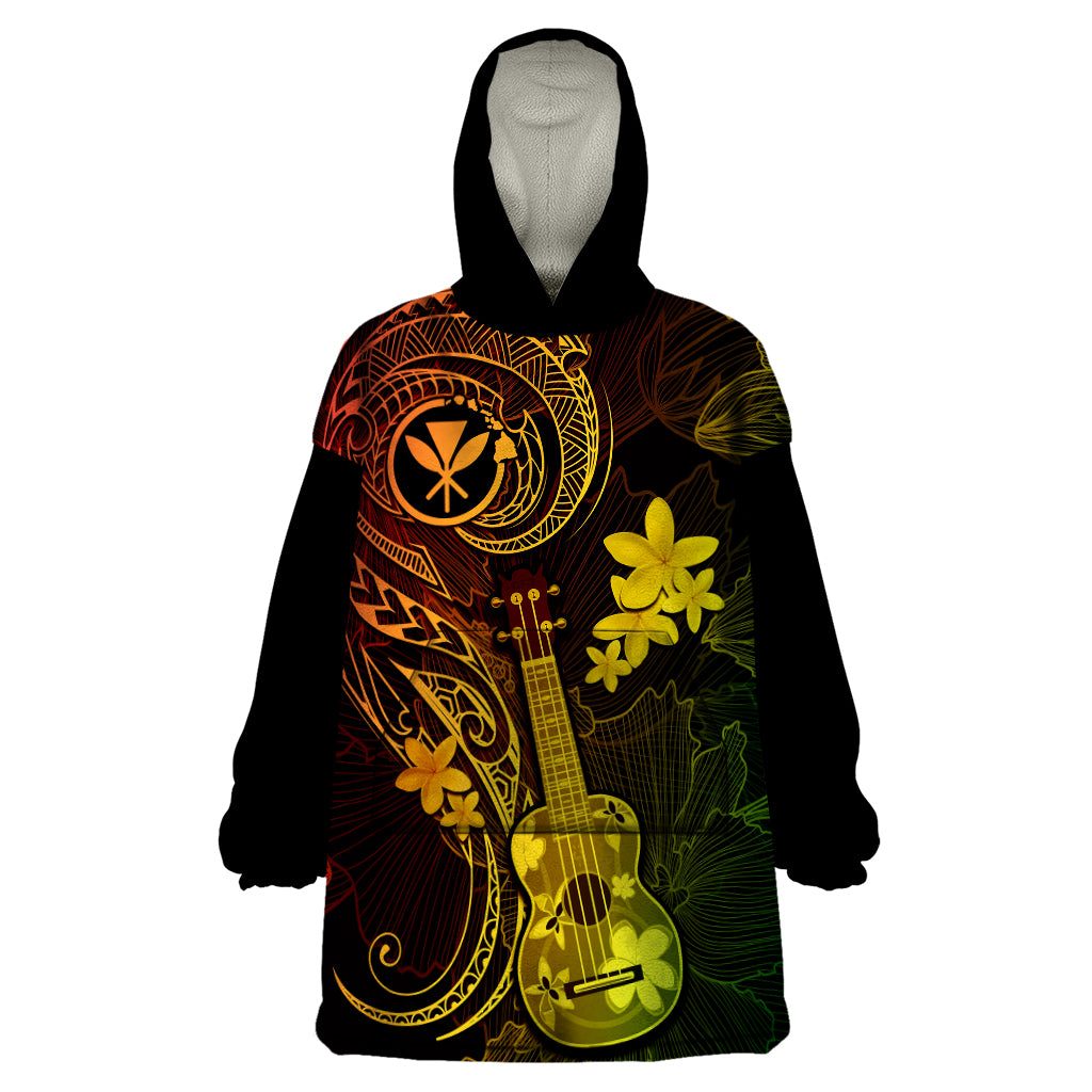 Hawaii Wearable Blanket Hoodie Ukulele Mix Polynesian Plumeria Reggae Version - Wonder Print Shop