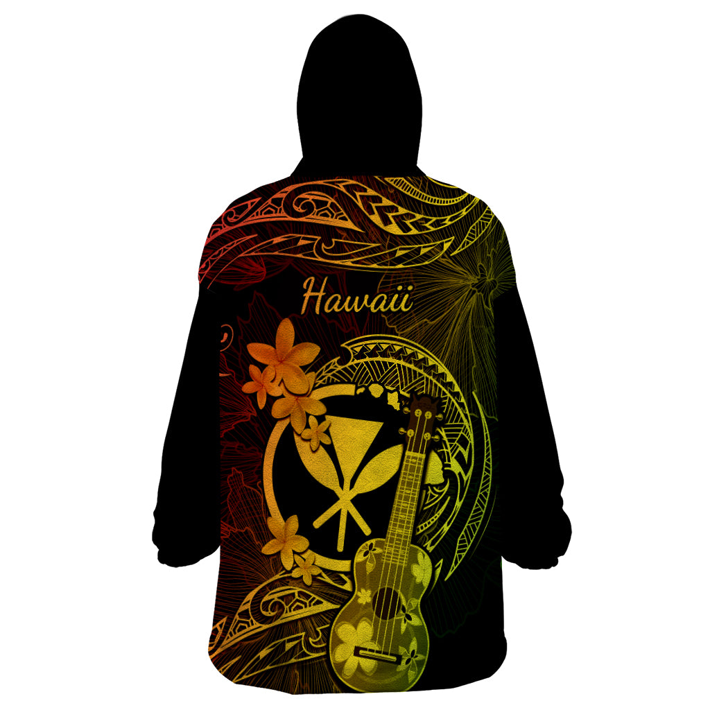 Hawaii Wearable Blanket Hoodie Ukulele Mix Polynesian Plumeria Reggae Version - Wonder Print Shop