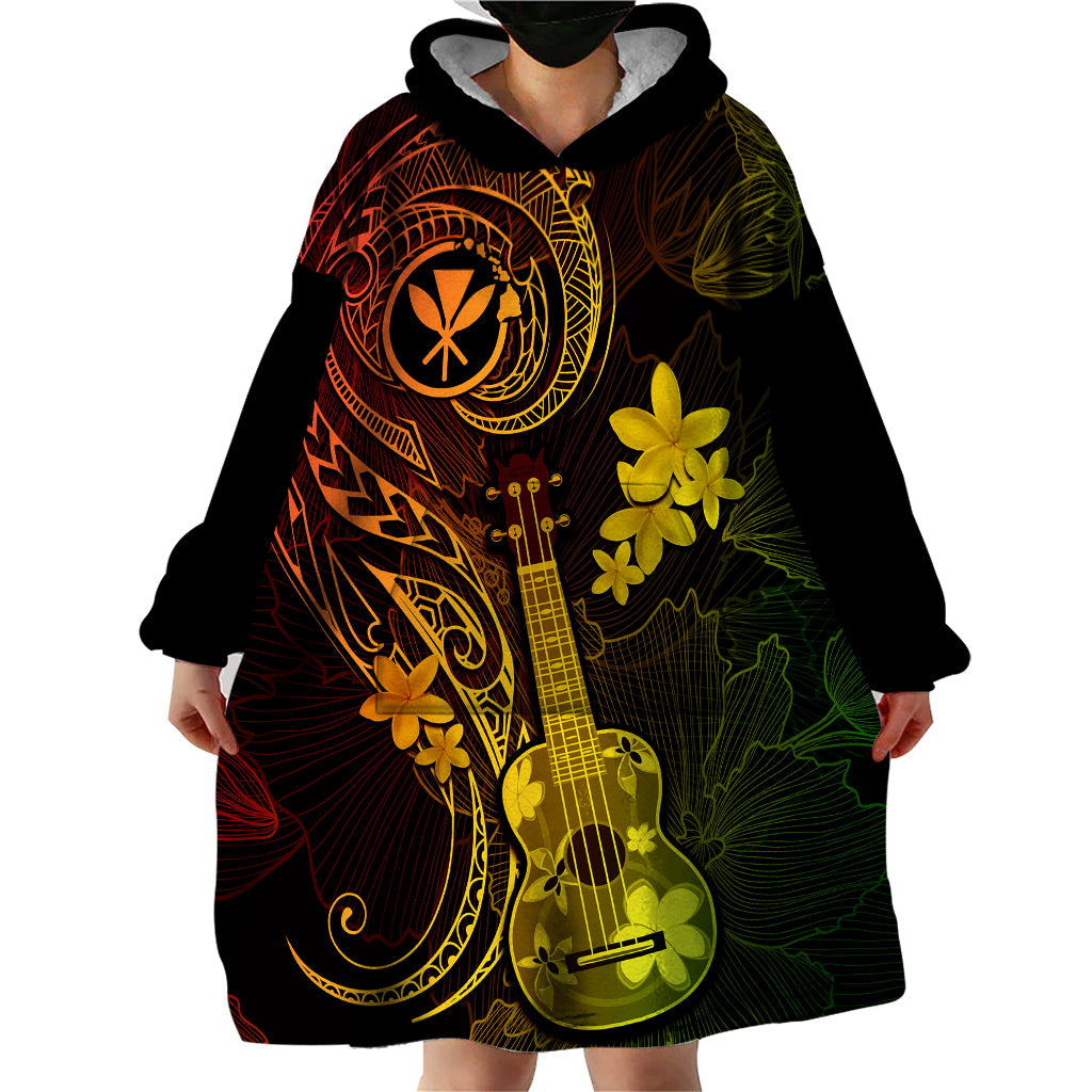 Hawaii Wearable Blanket Hoodie Ukulele Mix Polynesian Plumeria Reggae Version - Wonder Print Shop