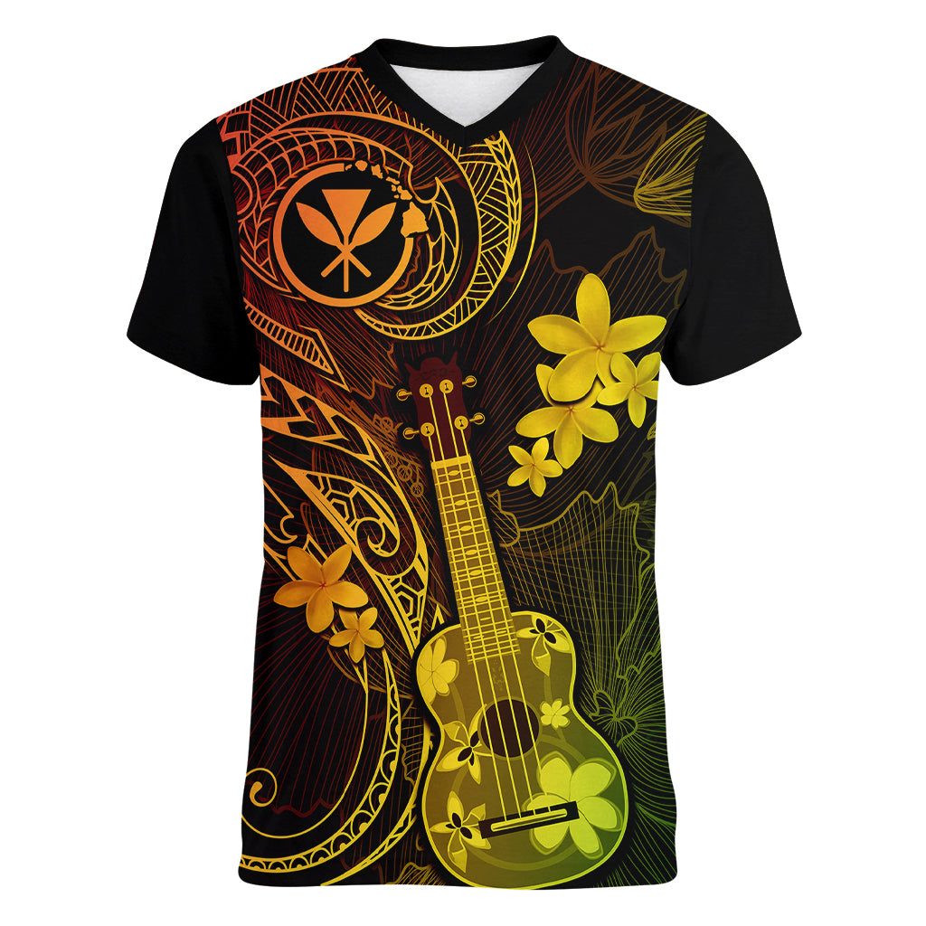 Hawaii Women V Neck T Shirt Ukulele Mix Polynesian Plumeria Reggae Version - Wonder Print Shop