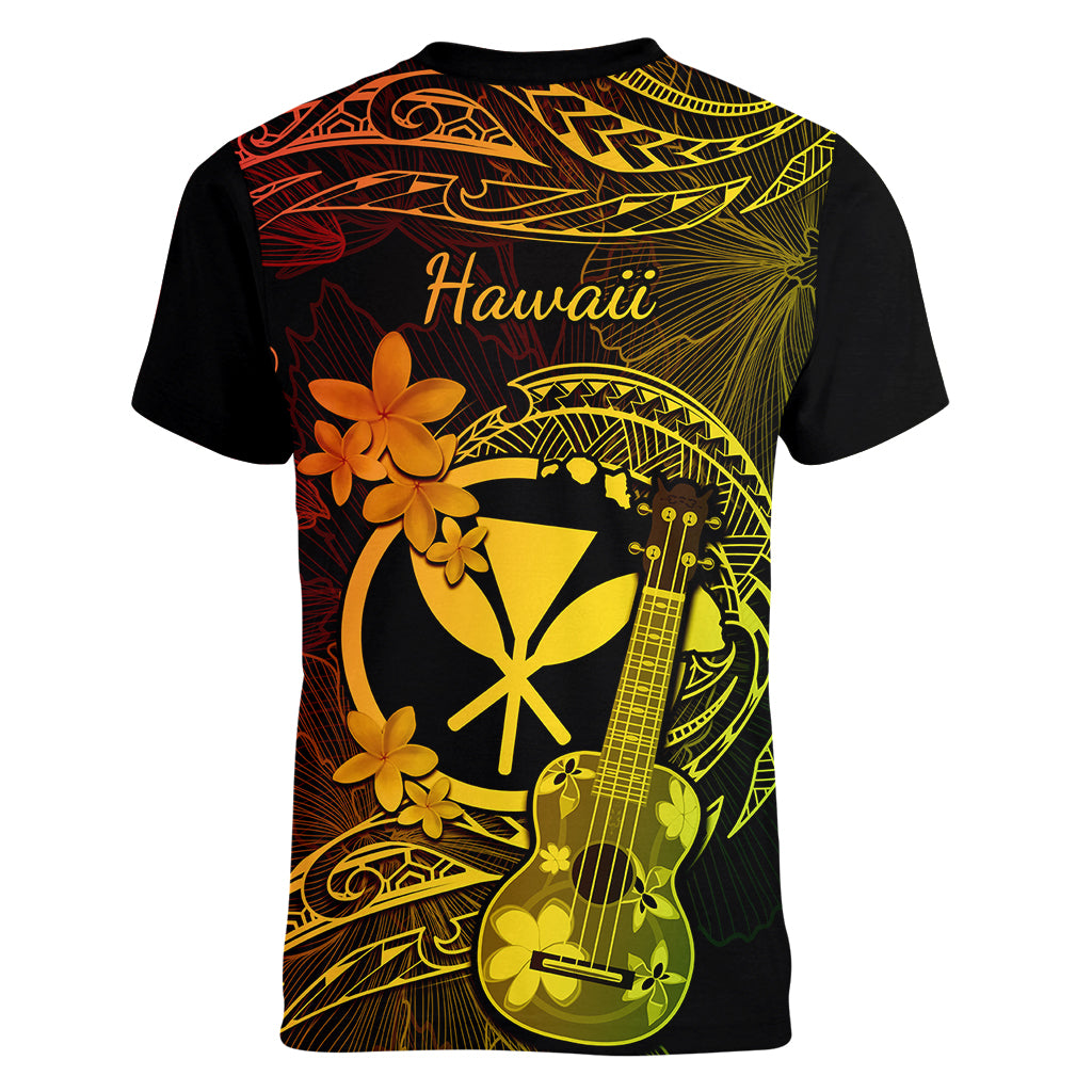 Hawaii Women V Neck T Shirt Ukulele Mix Polynesian Plumeria Reggae Version - Wonder Print Shop