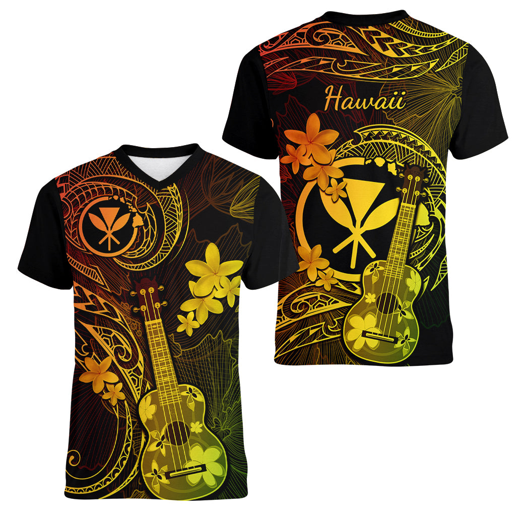 Hawaii Women V Neck T Shirt Ukulele Mix Polynesian Plumeria Reggae Version - Wonder Print Shop