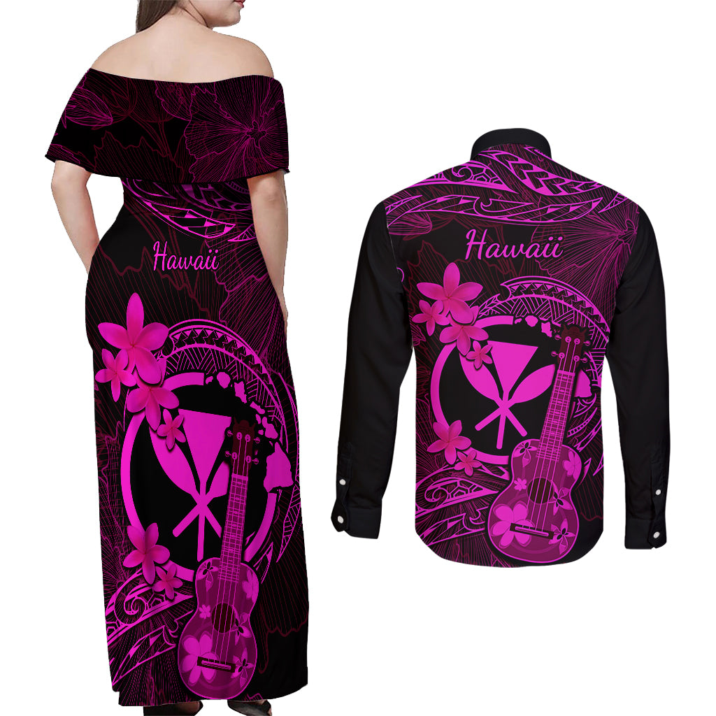 Hawaii Couples Matching Off Shoulder Maxi Dress and Long Sleeve Button Shirts Ukulele Mix Polynesian Plumeria Pink Version - Wonder Print Shop