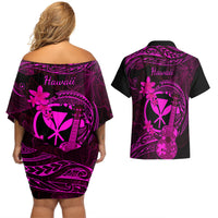 Hawaii Couples Matching Off Shoulder Short Dress and Hawaiian Shirt Ukulele Mix Polynesian Plumeria Pink Version - Wonder Print Shop