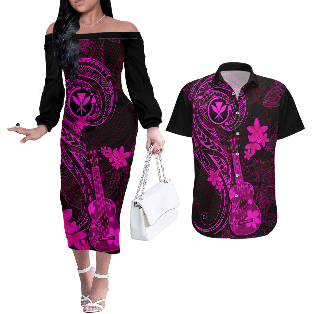 Hawaii Couples Matching Off The Shoulder Long Sleeve Dress and Hawaiian Shirt Ukulele Mix Polynesian Plumeria Pink Version - Wonder Print Shop