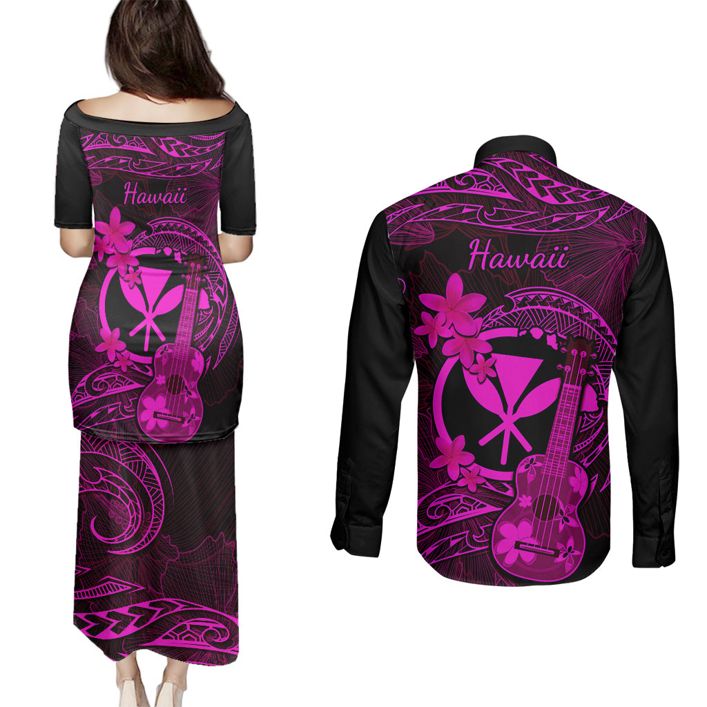 Hawaii Couples Matching Puletasi Dress and Long Sleeve Button Shirts Ukulele Mix Polynesian Plumeria Pink Version - Wonder Print Shop
