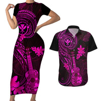Hawaii Couples Matching Short Sleeve Bodycon Dress and Hawaiian Shirt Ukulele Mix Polynesian Plumeria Pink Version - Wonder Print Shop