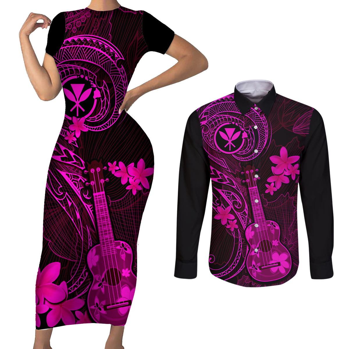 Hawaii Couples Matching Short Sleeve Bodycon Dress and Long Sleeve Button Shirts Ukulele Mix Polynesian Plumeria Pink Version - Wonder Print Shop