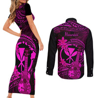 Hawaii Couples Matching Short Sleeve Bodycon Dress and Long Sleeve Button Shirts Ukulele Mix Polynesian Plumeria Pink Version - Wonder Print Shop