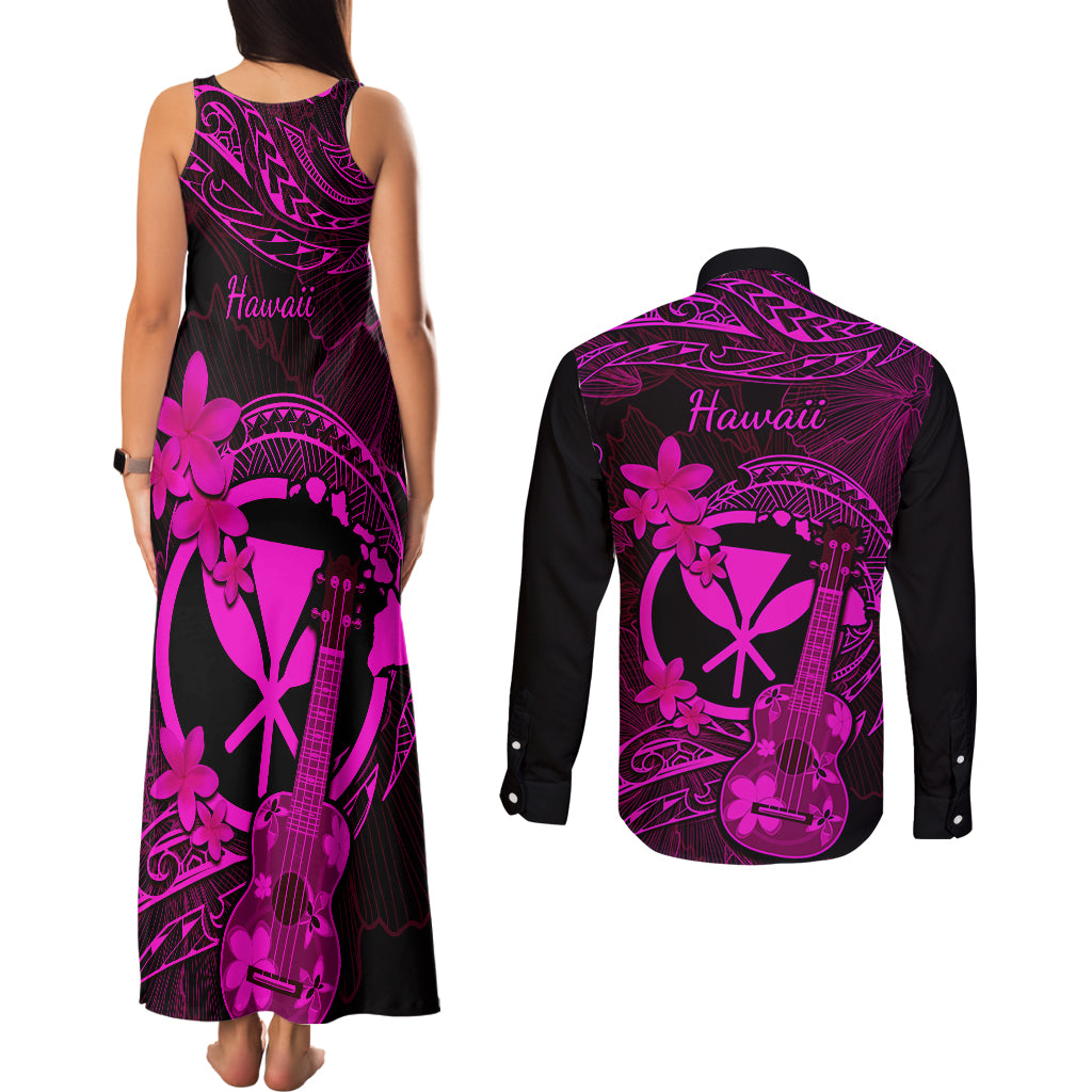 Hawaii Couples Matching Tank Maxi Dress and Long Sleeve Button Shirts Ukulele Mix Polynesian Plumeria Pink Version - Wonder Print Shop