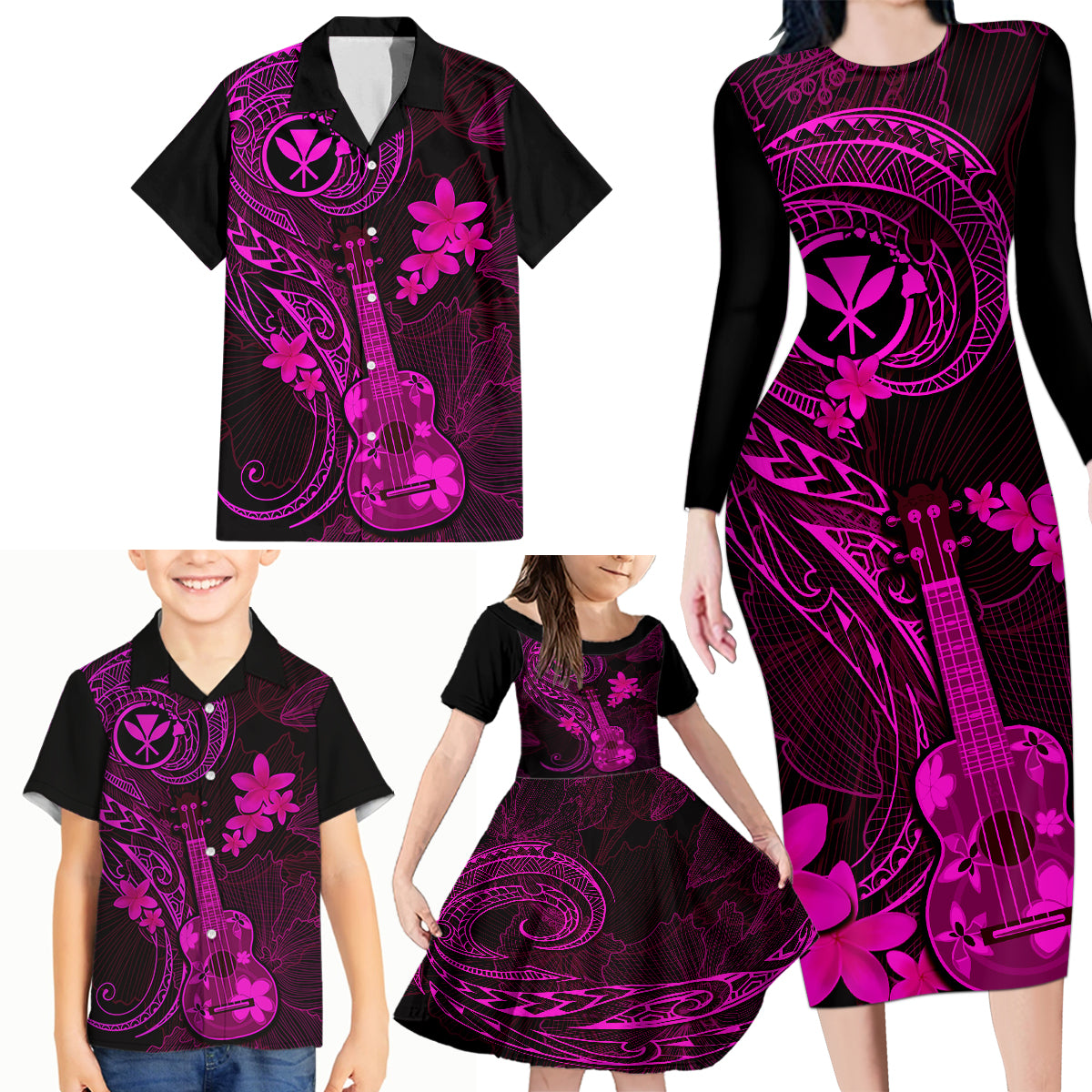 Hawaii Family Matching Long Sleeve Bodycon Dress and Hawaiian Shirt Ukulele Mix Polynesian Plumeria Pink Version - Wonder Print Shop