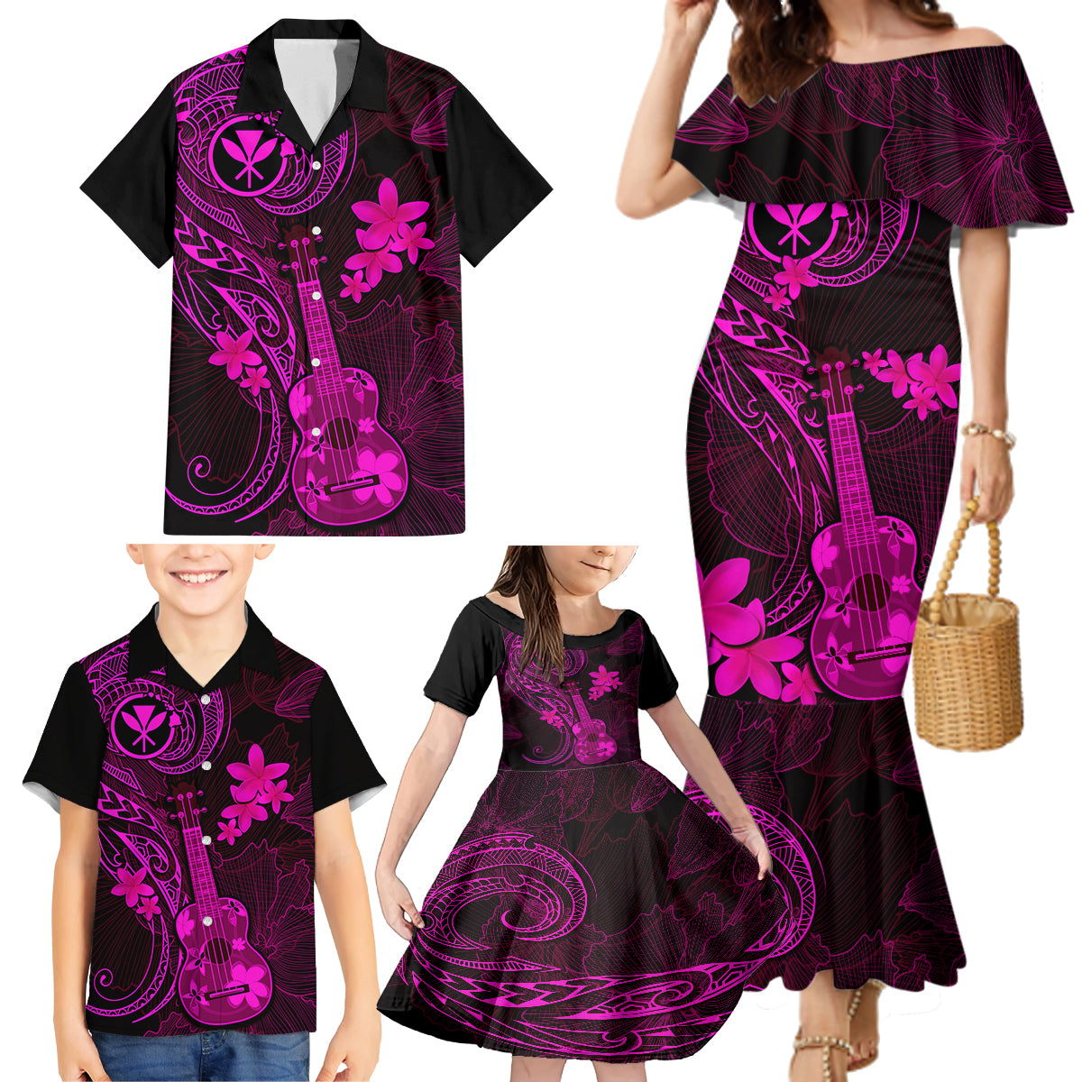 Hawaii Family Matching Mermaid Dress and Hawaiian Shirt Ukulele Mix Polynesian Plumeria Pink Version - Wonder Print Shop