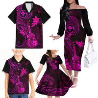 Hawaii Family Matching Off Shoulder Long Sleeve Dress and Hawaiian Shirt Ukulele Mix Polynesian Plumeria Pink Version - Wonder Print Shop