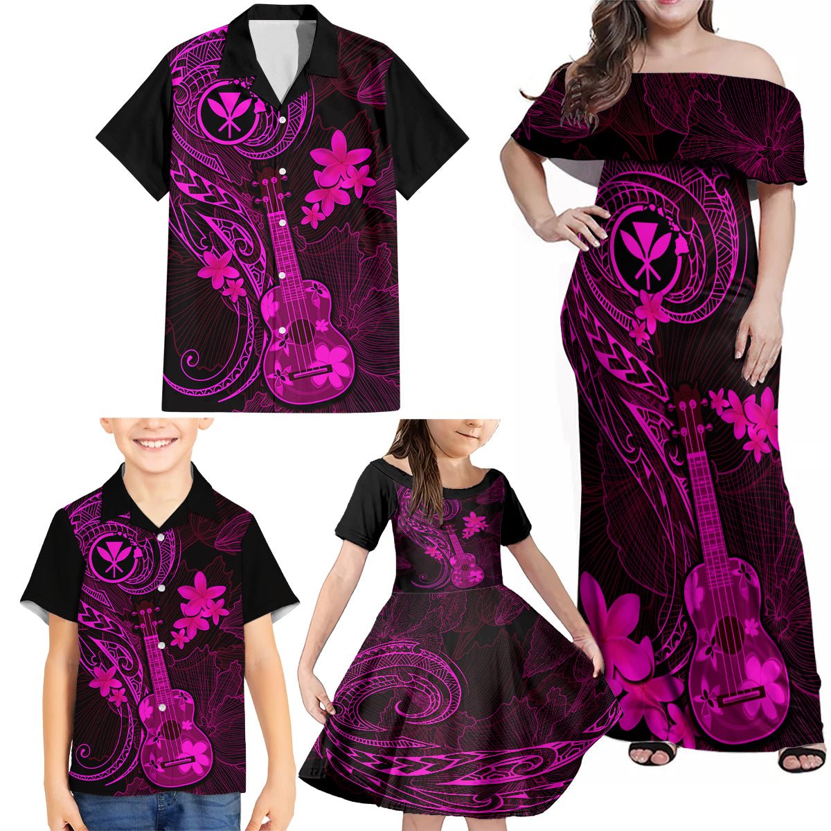 Hawaii Family Matching Off Shoulder Maxi Dress and Hawaiian Shirt Ukulele Mix Polynesian Plumeria Pink Version - Wonder Print Shop