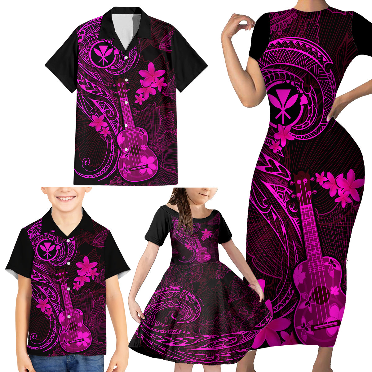 Hawaii Family Matching Short Sleeve Bodycon Dress and Hawaiian Shirt Ukulele Mix Polynesian Plumeria Pink Version - Wonder Print Shop