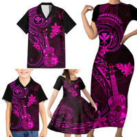 Hawaii Family Matching Short Sleeve Bodycon Dress and Hawaiian Shirt Ukulele Mix Polynesian Plumeria Pink Version - Wonder Print Shop