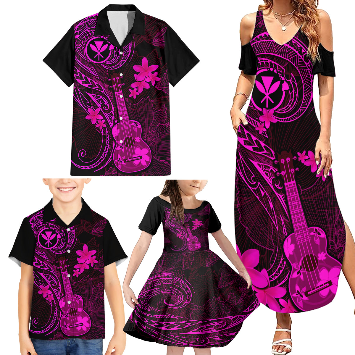 Hawaii Family Matching Summer Maxi Dress and Hawaiian Shirt Ukulele Mix Polynesian Plumeria Pink Version - Wonder Print Shop