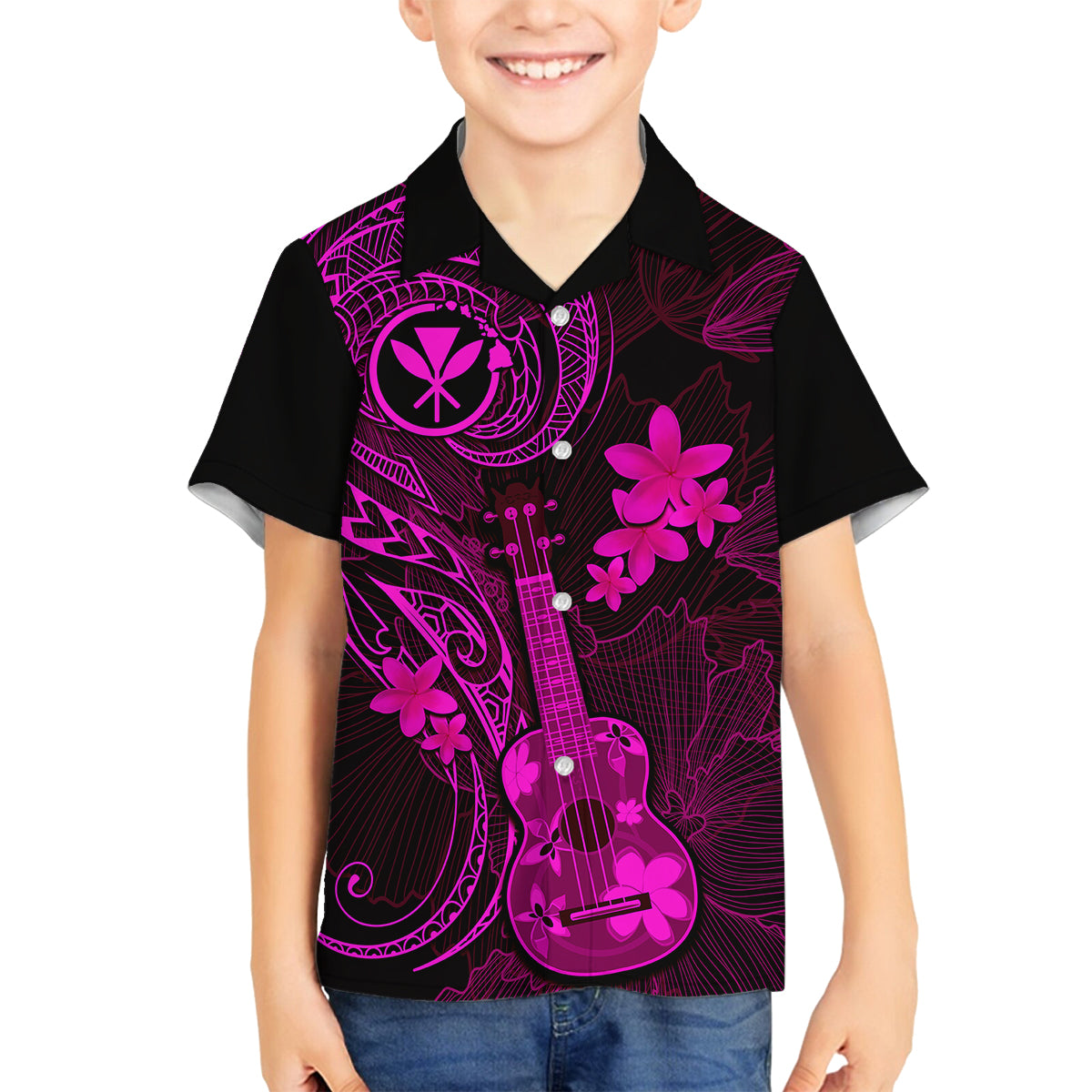Hawaii Kid Hawaiian Shirt Ukulele Mix Polynesian Plumeria Pink Version - Wonder Print Shop