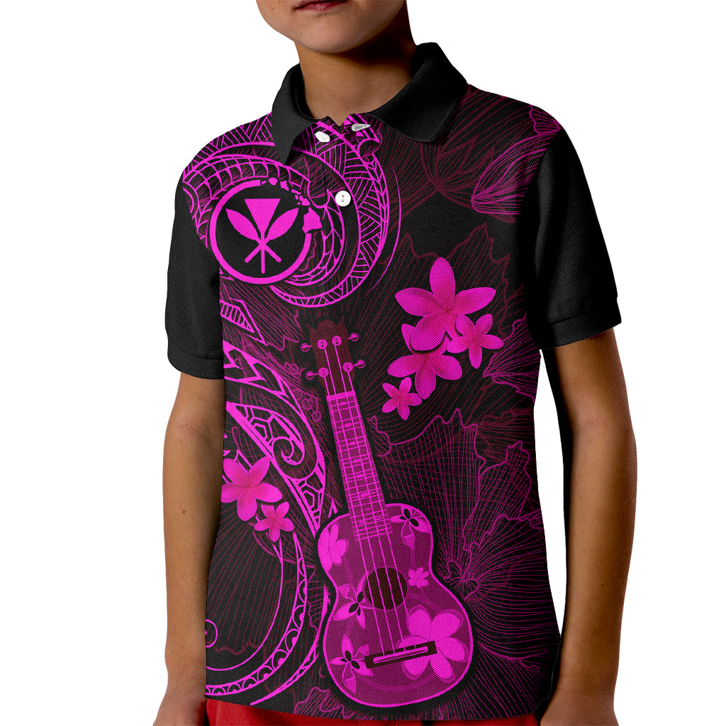 Hawaii Kid Polo Shirt Ukulele Mix Polynesian Plumeria Pink Version - Wonder Print Shop