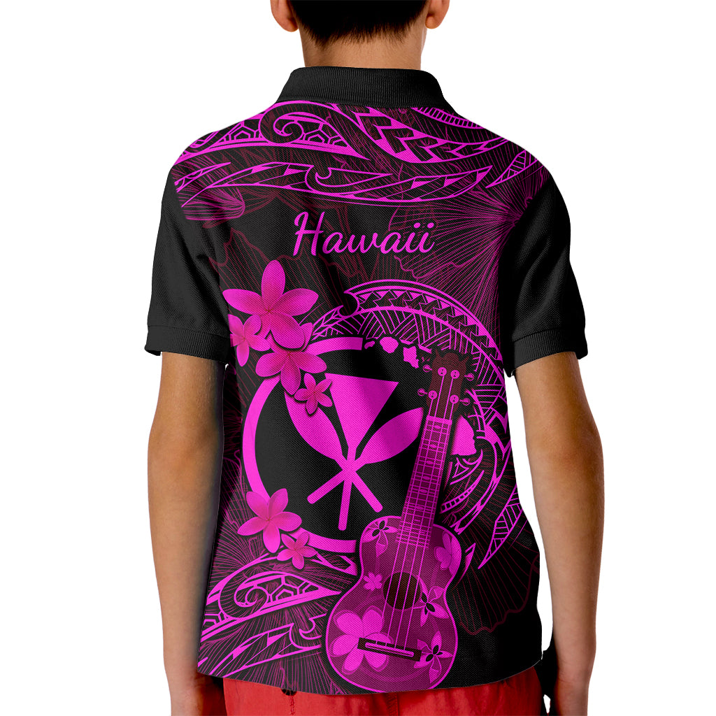 Hawaii Kid Polo Shirt Ukulele Mix Polynesian Plumeria Pink Version - Wonder Print Shop