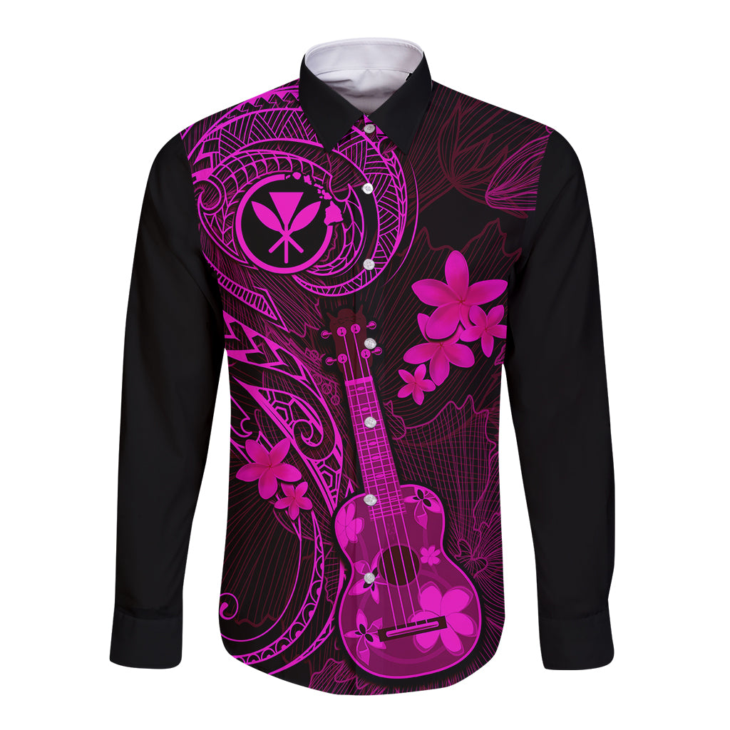 Hawaii Long Sleeve Button Shirt Ukulele Mix Polynesian Plumeria Pink Version - Wonder Print Shop