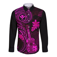 Hawaii Long Sleeve Button Shirt Ukulele Mix Polynesian Plumeria Pink Version - Wonder Print Shop