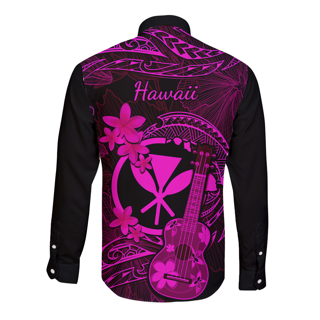 Hawaii Long Sleeve Button Shirt Ukulele Mix Polynesian Plumeria Pink Version - Wonder Print Shop