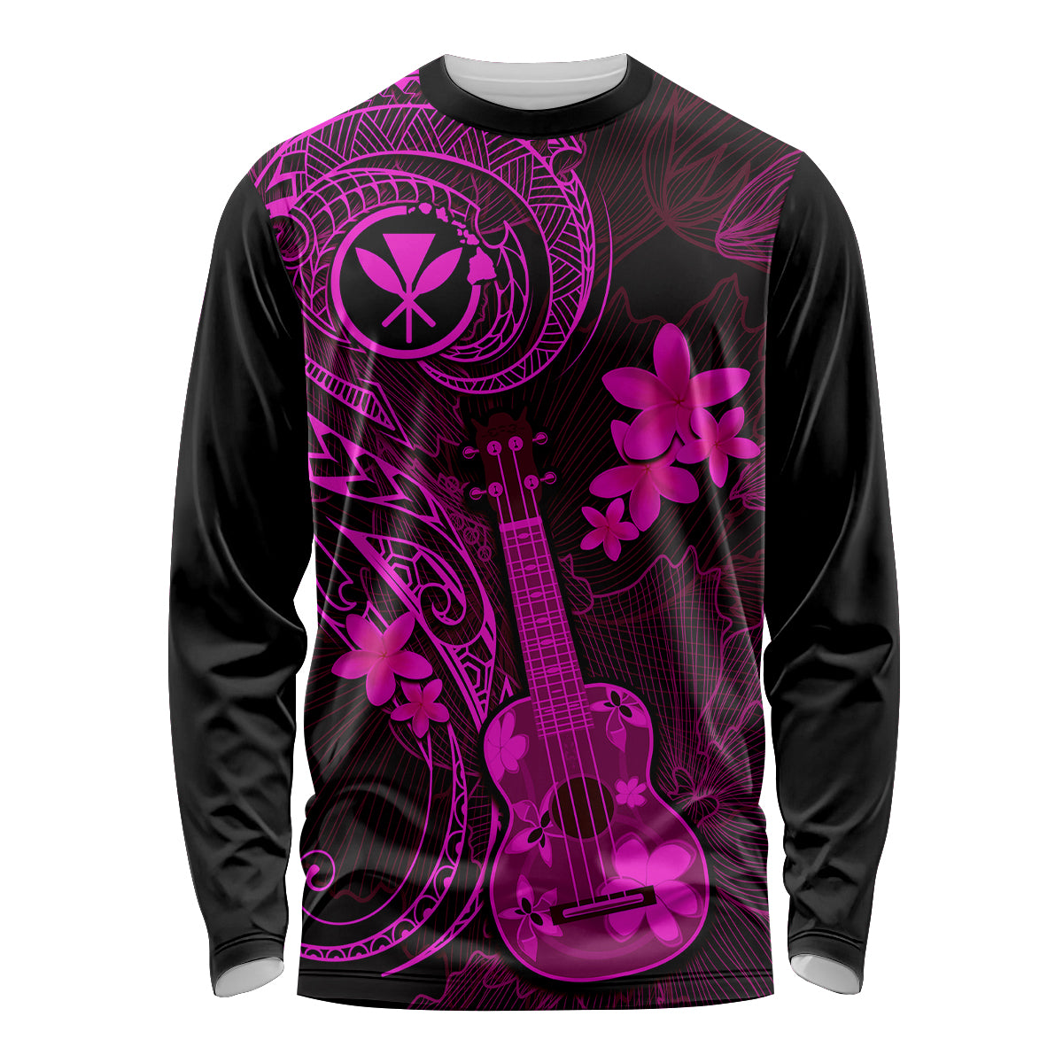 Hawaii Long Sleeve Shirt Ukulele Mix Polynesian Plumeria Pink Version - Wonder Print Shop