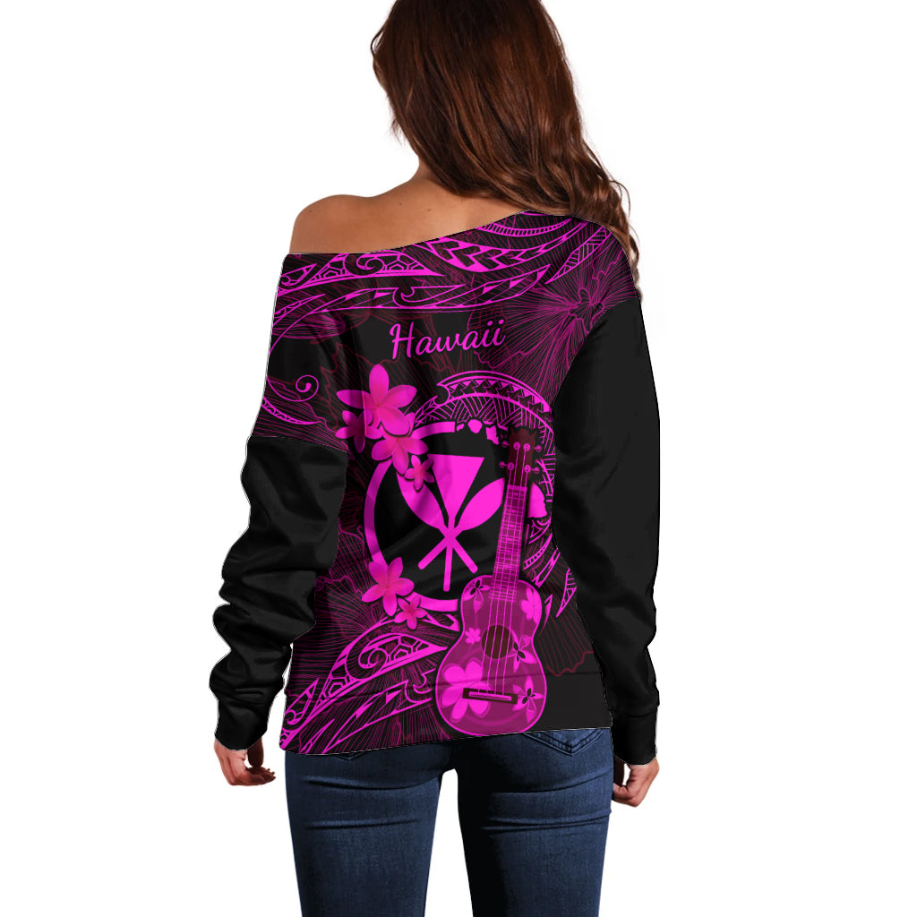 Hawaii Off Shoulder Sweater Ukulele Mix Polynesian Plumeria Pink Version - Wonder Print Shop