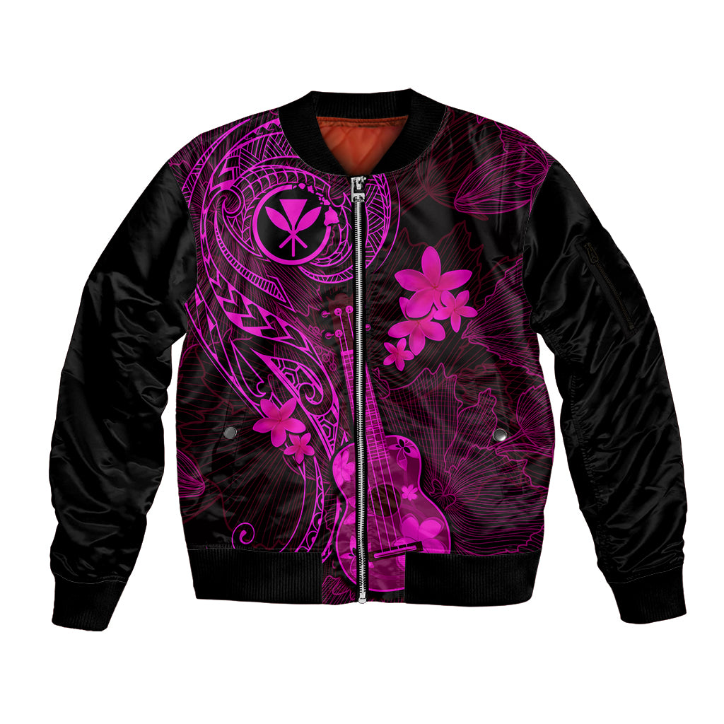Hawaii Sleeve Zip Bomber Jacket Ukulele Mix Polynesian Plumeria Pink Version - Wonder Print Shop