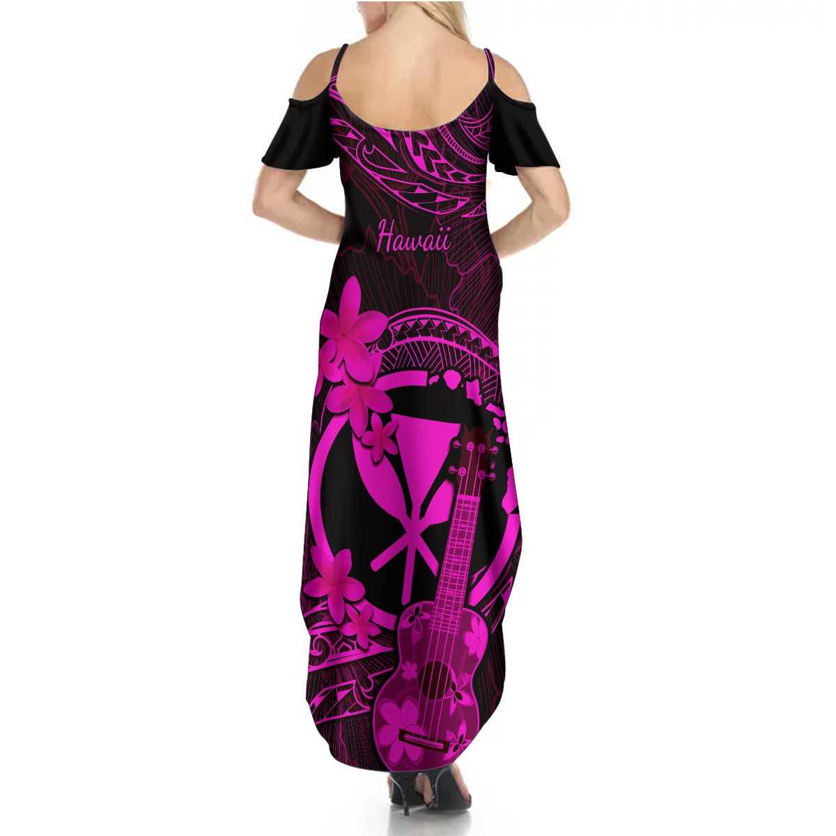 Hawaii Summer Maxi Dress Ukulele Mix Polynesian Plumeria Pink Version - Wonder Print Shop