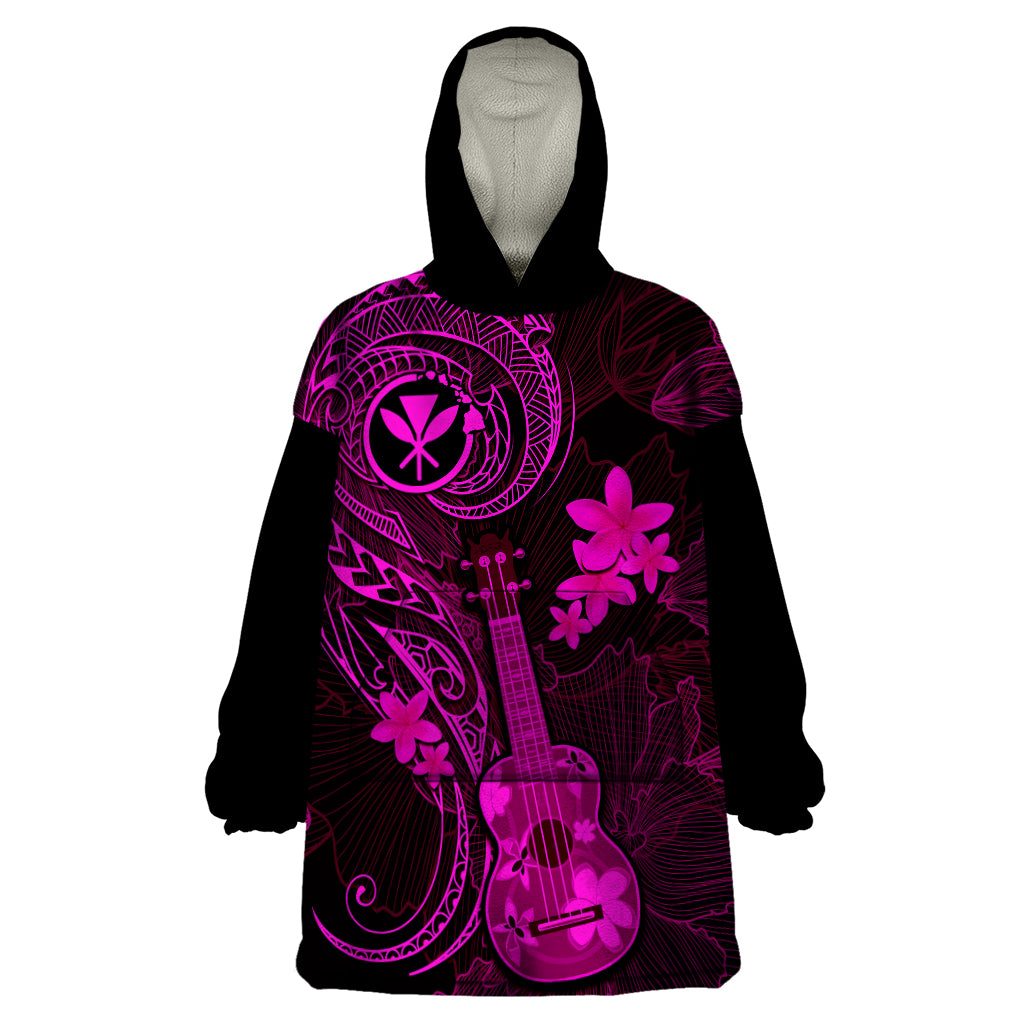 Hawaii Wearable Blanket Hoodie Ukulele Mix Polynesian Plumeria Pink Version - Wonder Print Shop